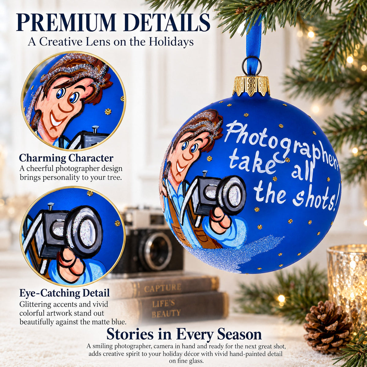Photographer Holding Camera Glass Christmas Ornament 3.25 Inches