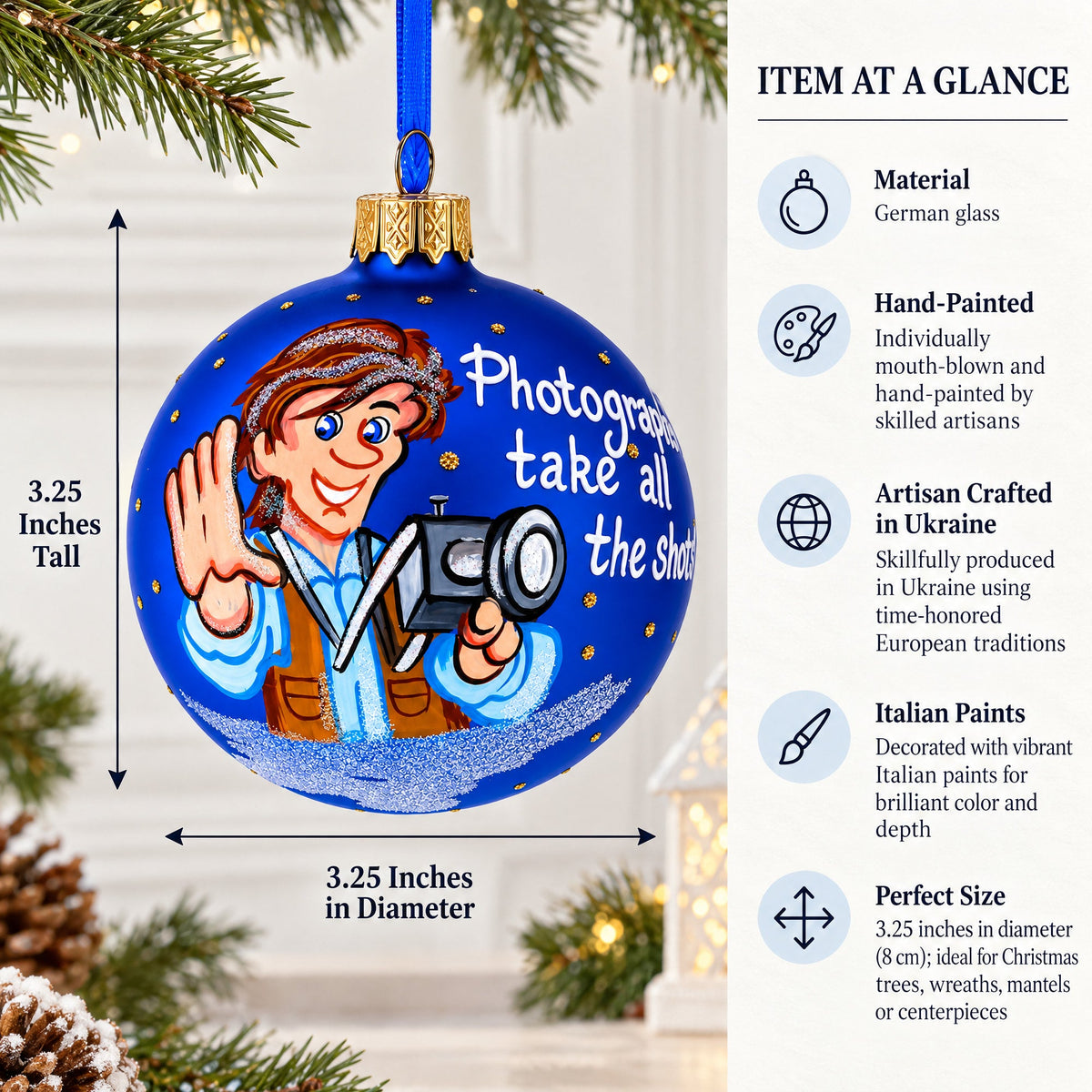 Photographer Holding Camera Glass Christmas Ornament 3.25 Inches
