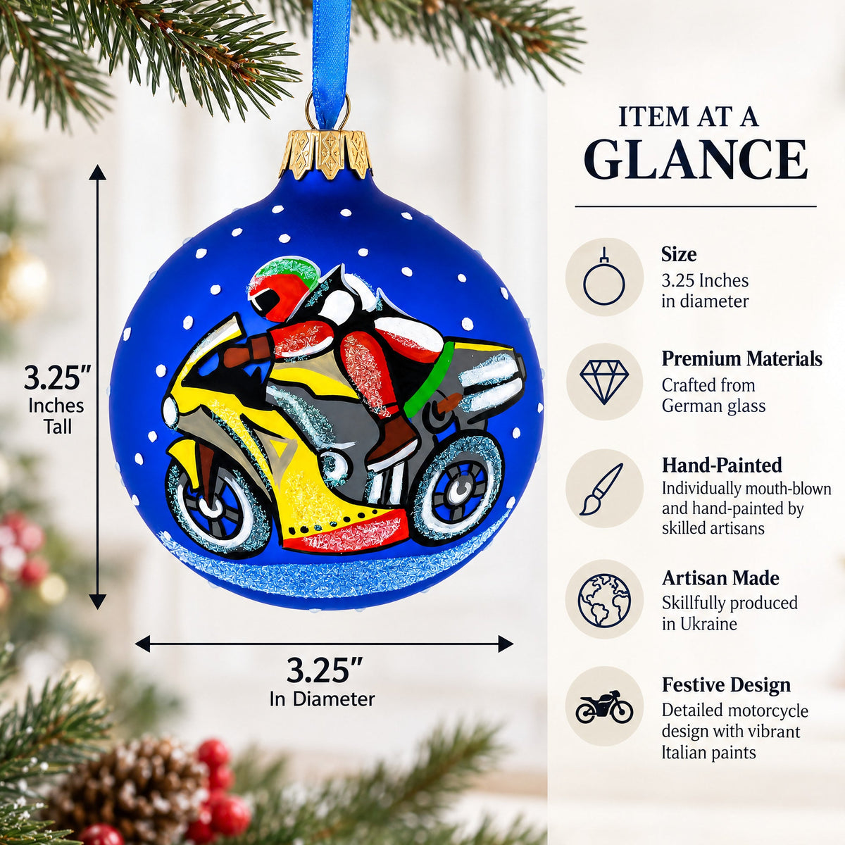 Motorcycle Glass Ball Christmas Ornament 3.25 Inches