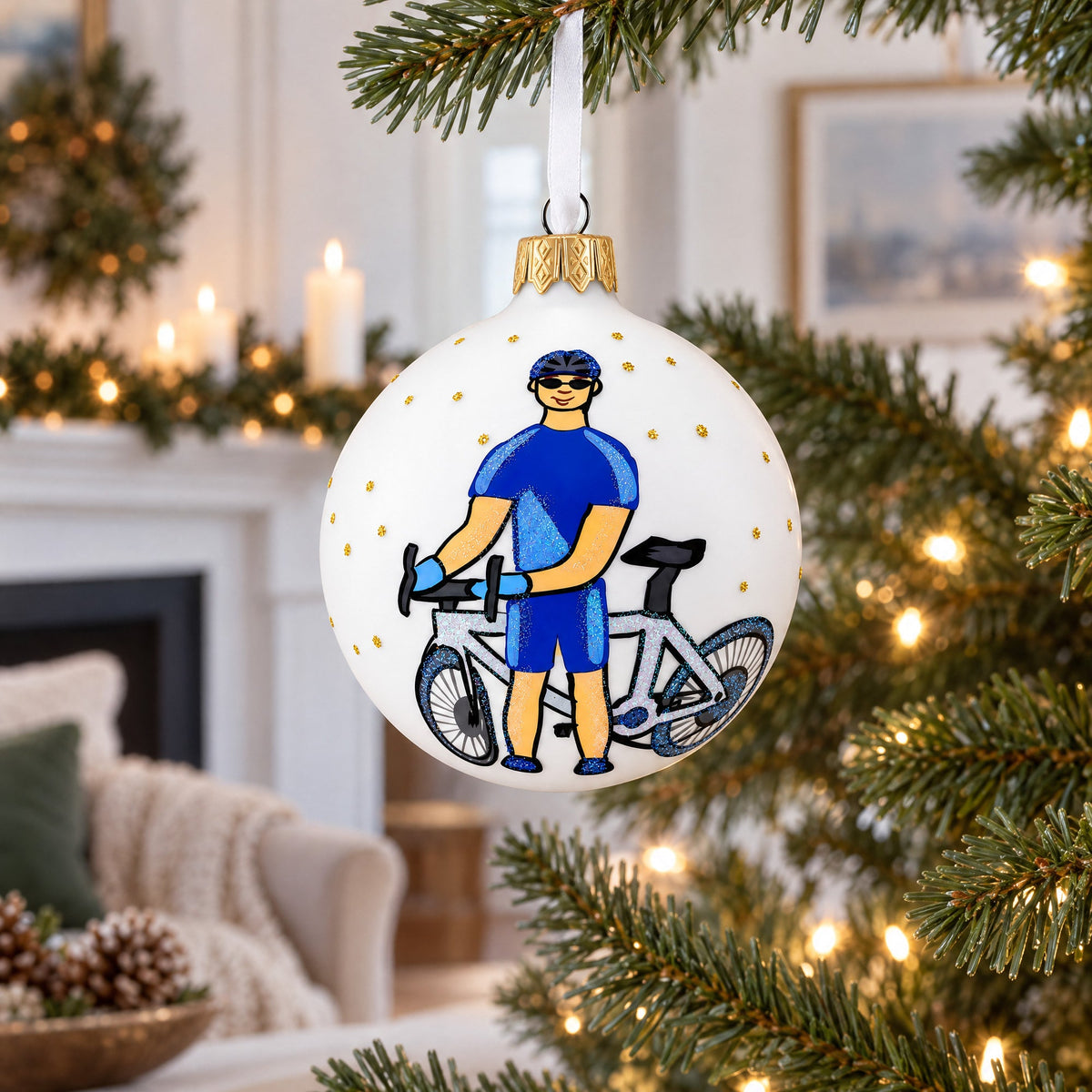 Bicycle Rider Glass Ball Christmas Ornament 3.25 Inches