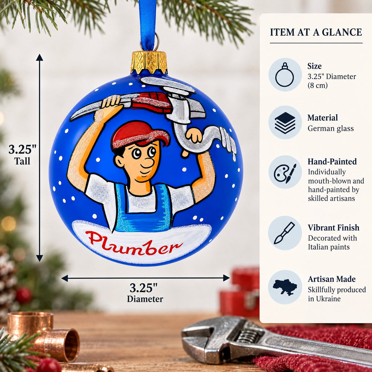 Plumber Glass Ball Christmas Ornament 3.25 Inches