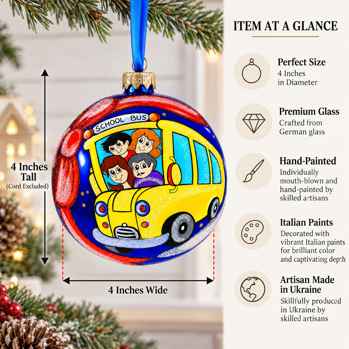Yellow School Bus Glass Ball Christmas Ornament 4 Inches