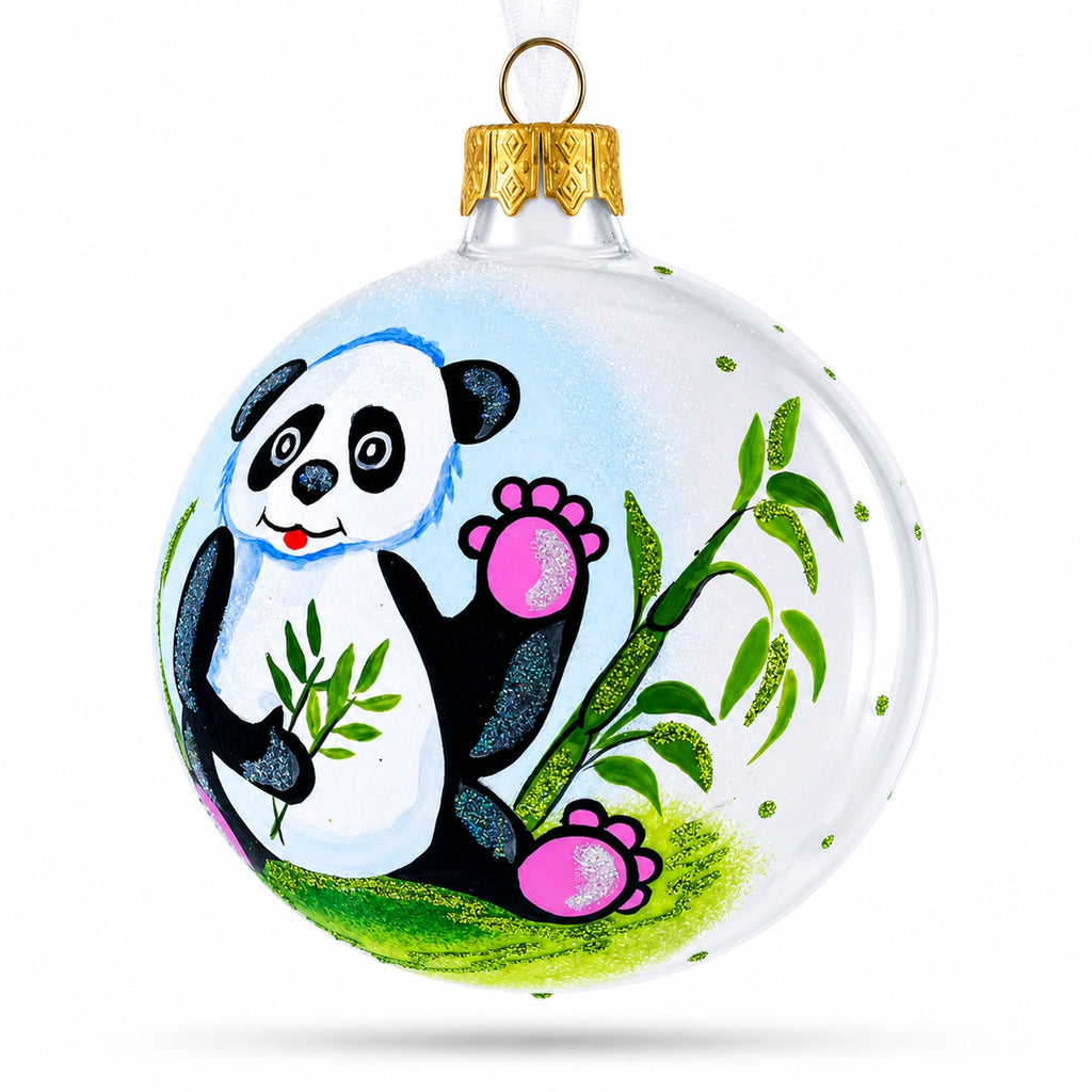 Panda with Bamboo Glass Christmas Ornament 4 Inches