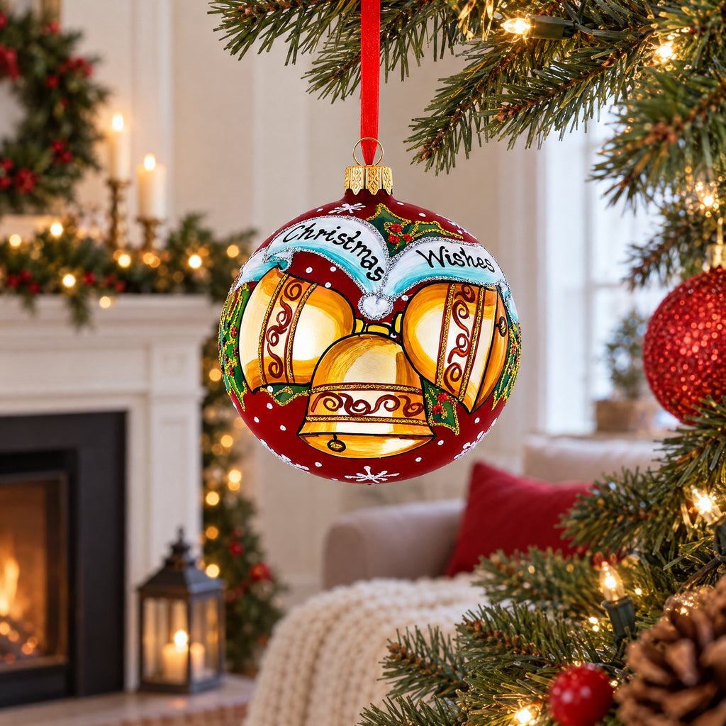 Three Bells Glass Ball Christmas Ornament 4 Inches
