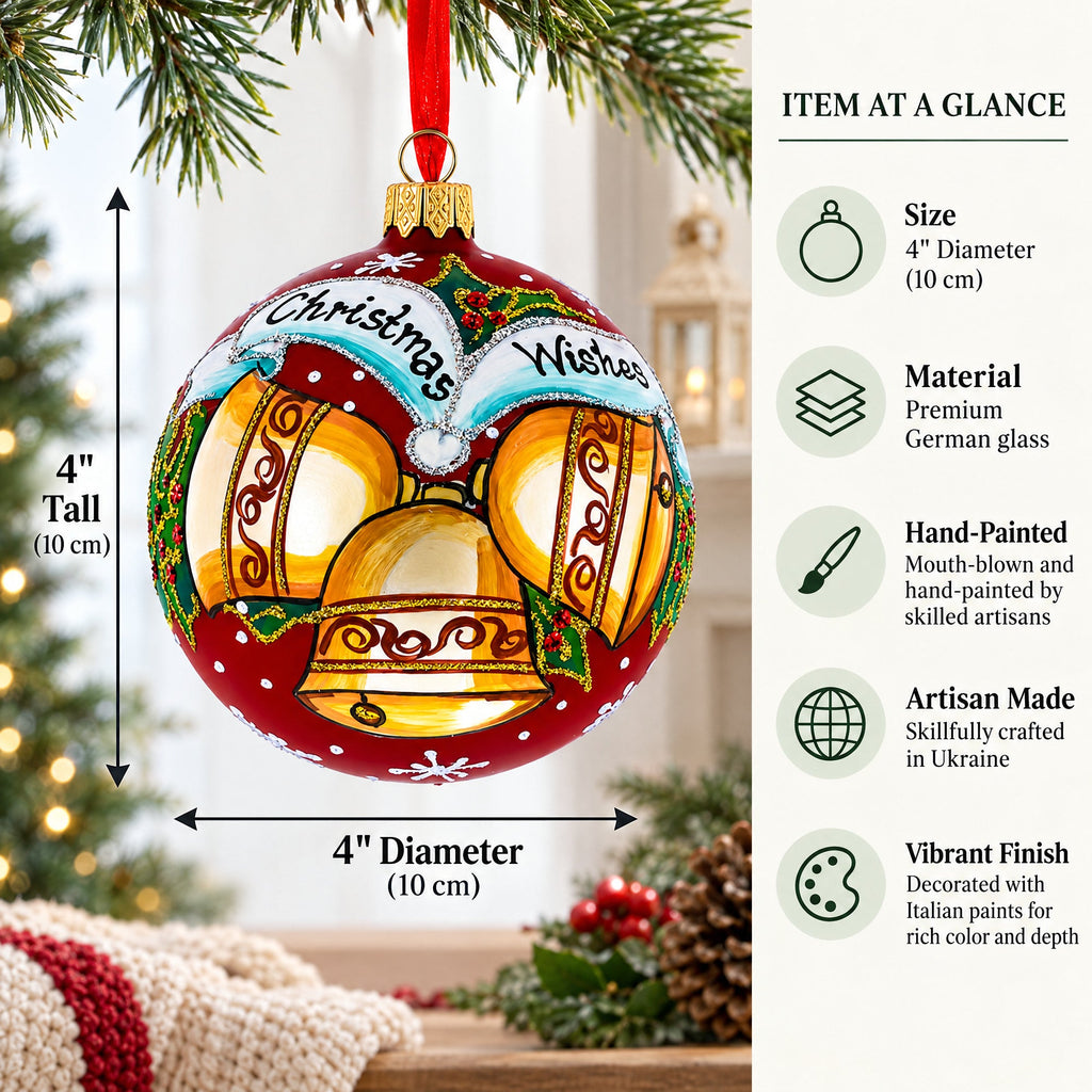 Three Bells Glass Ball Christmas Ornament 4 Inches