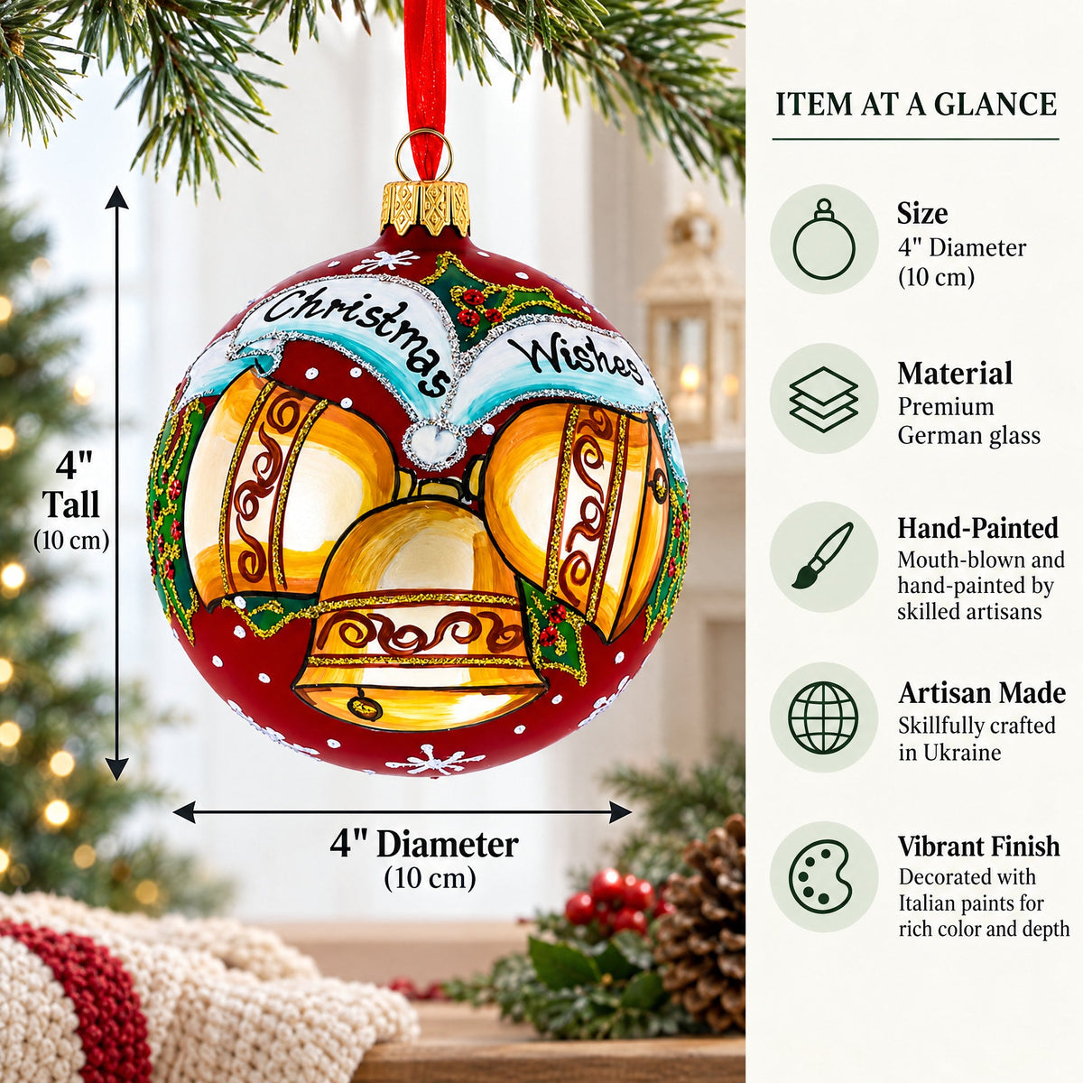 Three Bells Glass Ball Christmas Ornament 4 Inches