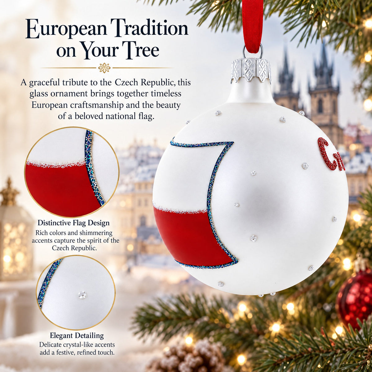 Flag of Czech Republic Glass Ball Christmas Ornament 3.25 Inches