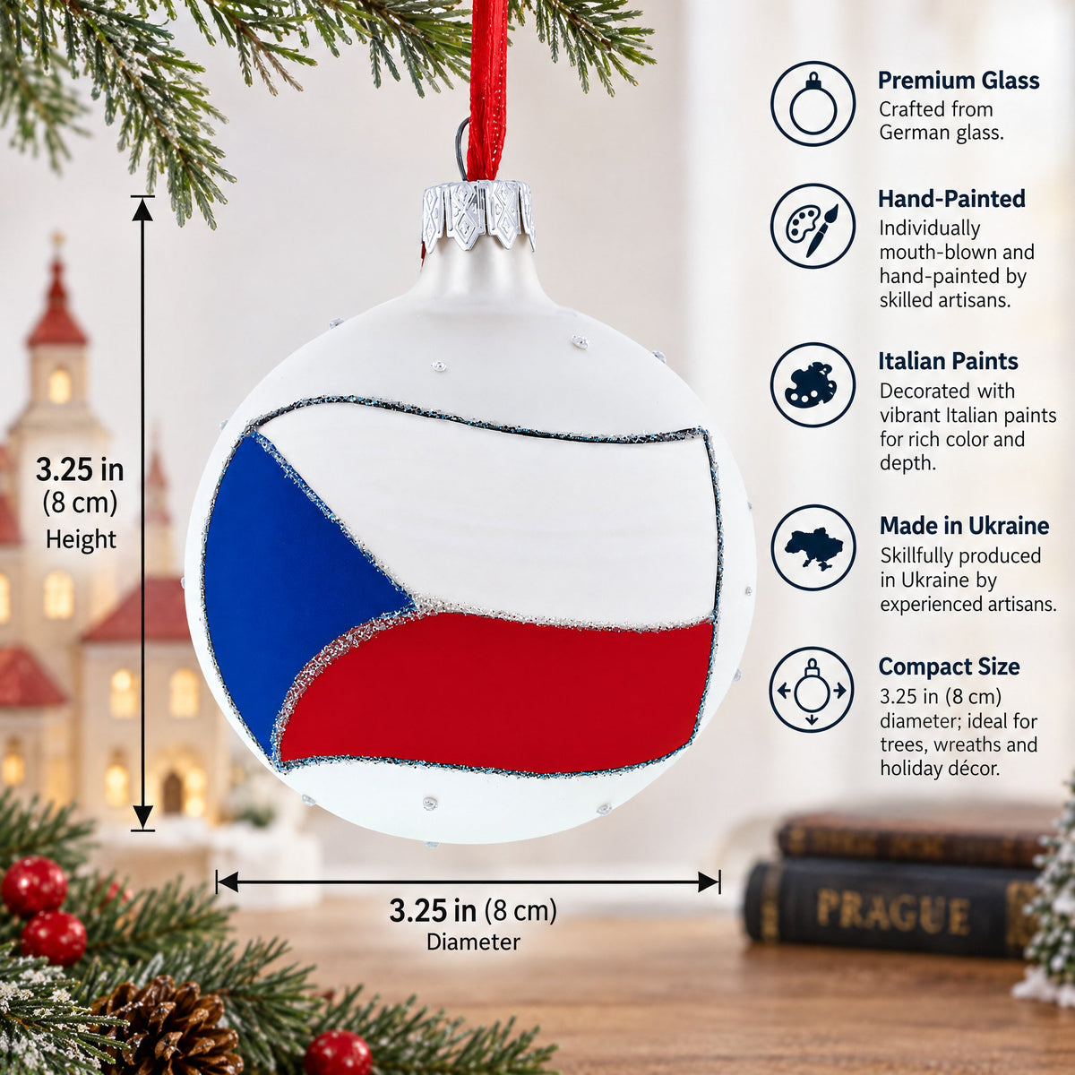 Flag of Czech Republic Glass Ball Christmas Ornament 3.25 Inches