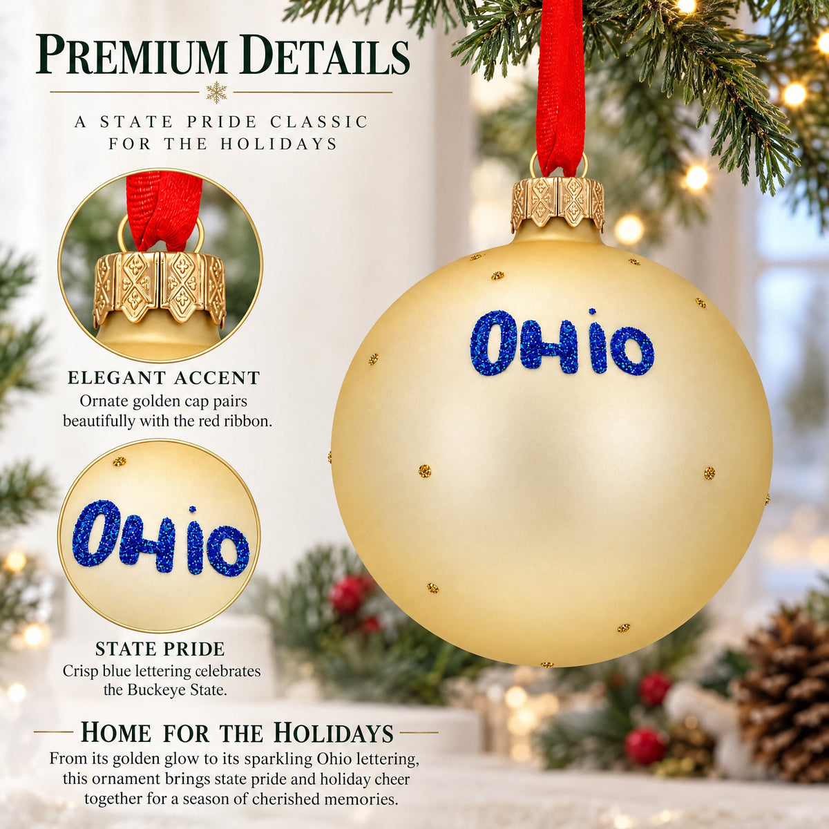 Ohio State, USA Glass Ball Christmas Ornament 4 Inches