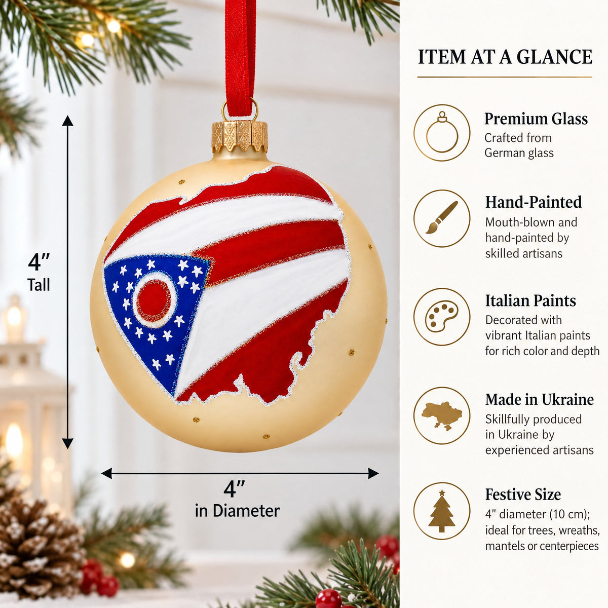Ohio State, USA Glass Ball Christmas Ornament 4 Inches