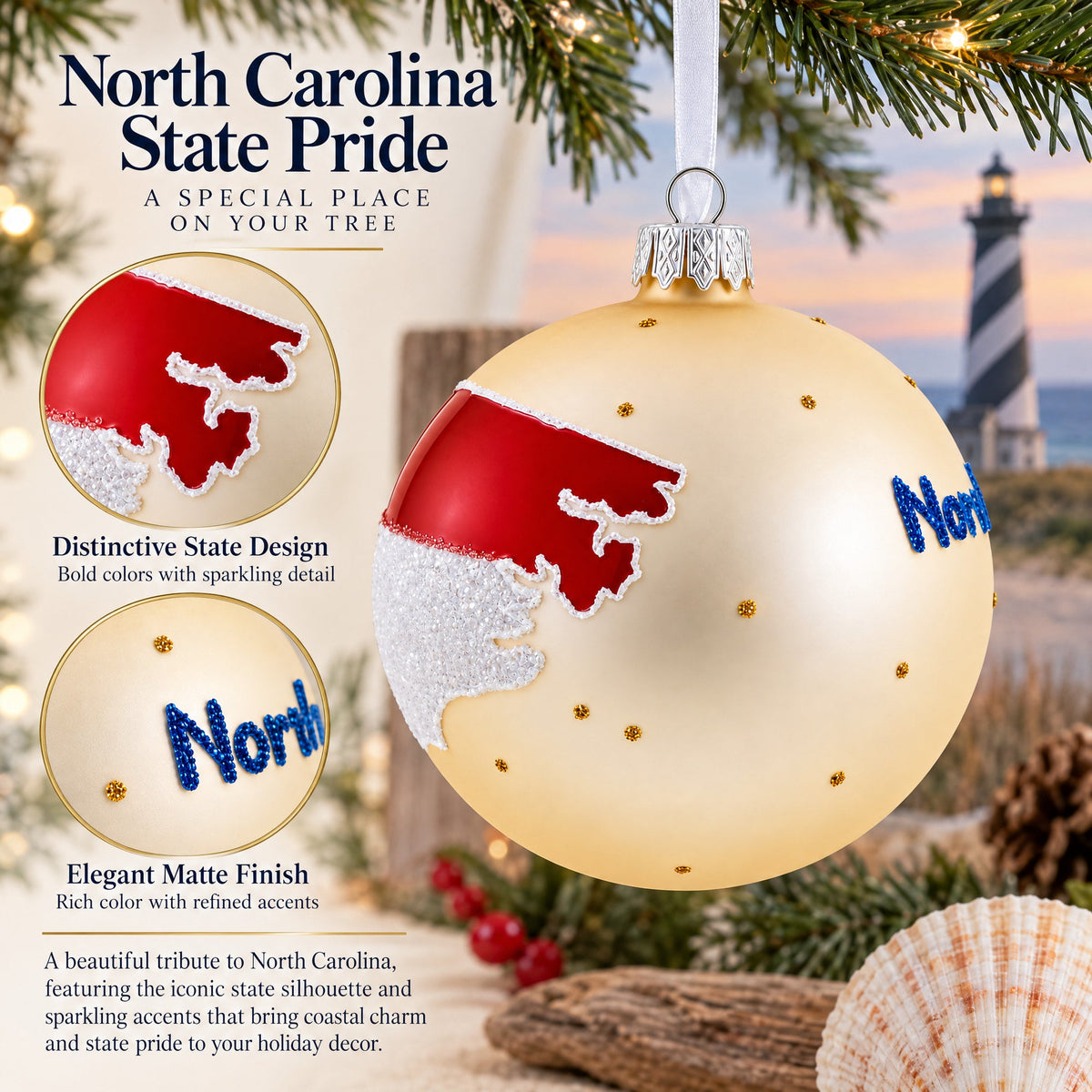 North Carolina State Glass Ball Christmas Ornament 4 Inches