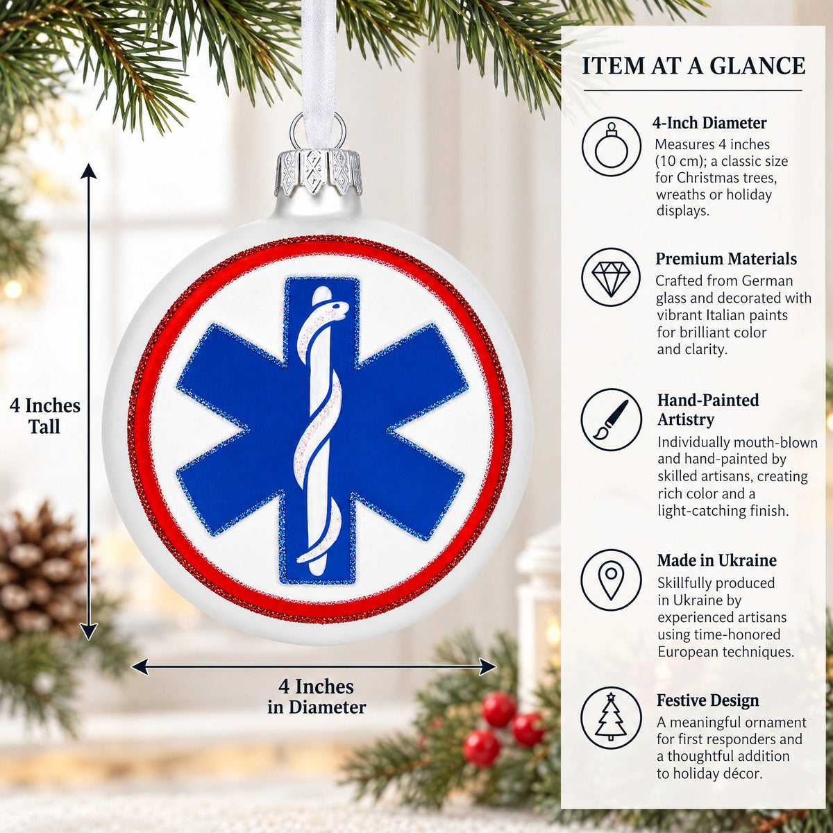 Paramedic Emergency First Responders Glass Ball Christmas Ornament 4 Inches