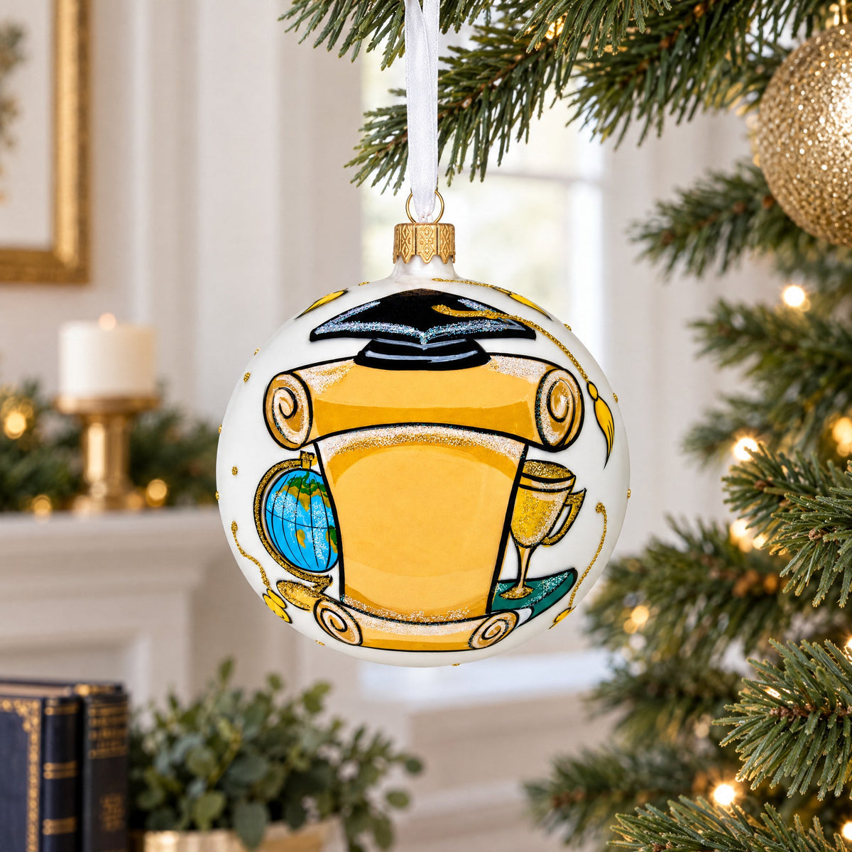 Cap and Tassel Commemorative Glass Ball Christmas Ornament 4 Inches.