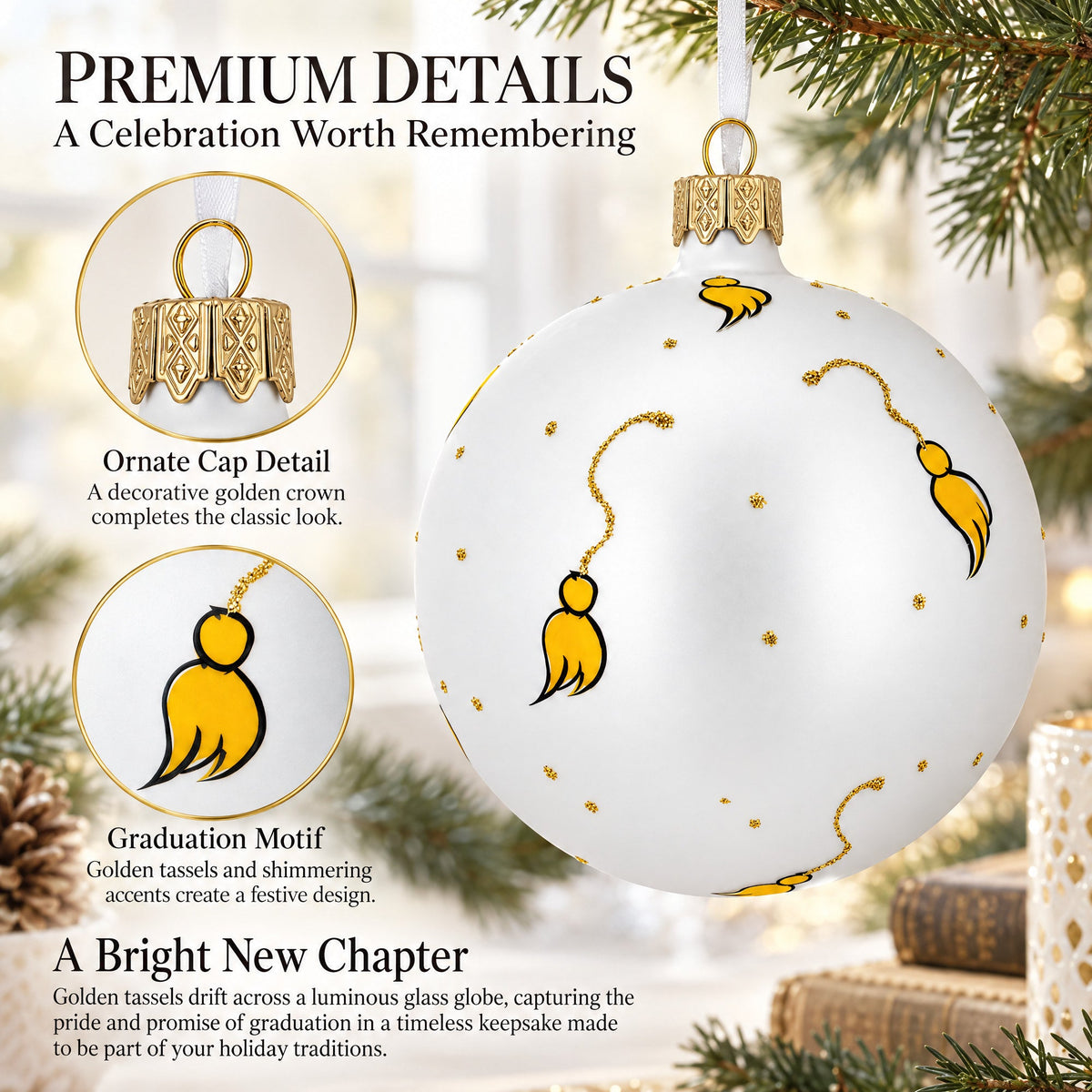 Cap and Tassel Commemorative Glass Ball Christmas Ornament 4 Inches.