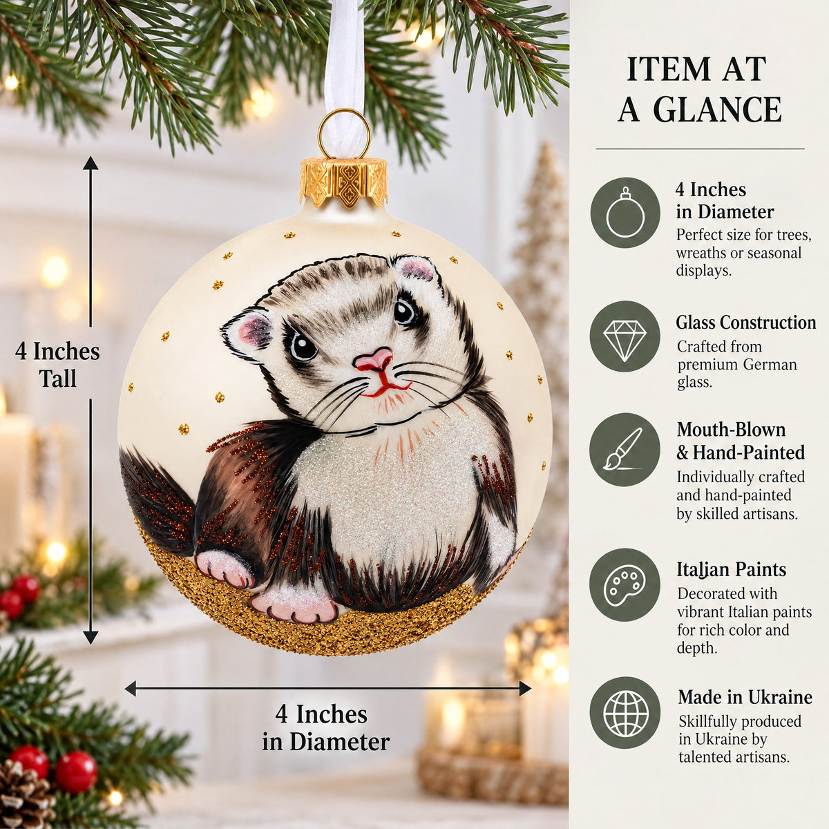Ferret Glass Ball Christmas Ornament 4 Inches