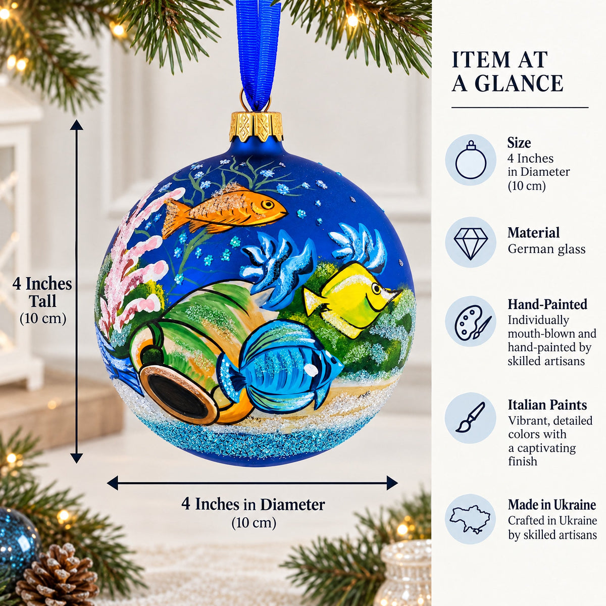 Tropical Aquarium Glass Ball Christmas Ornament 4 Inches