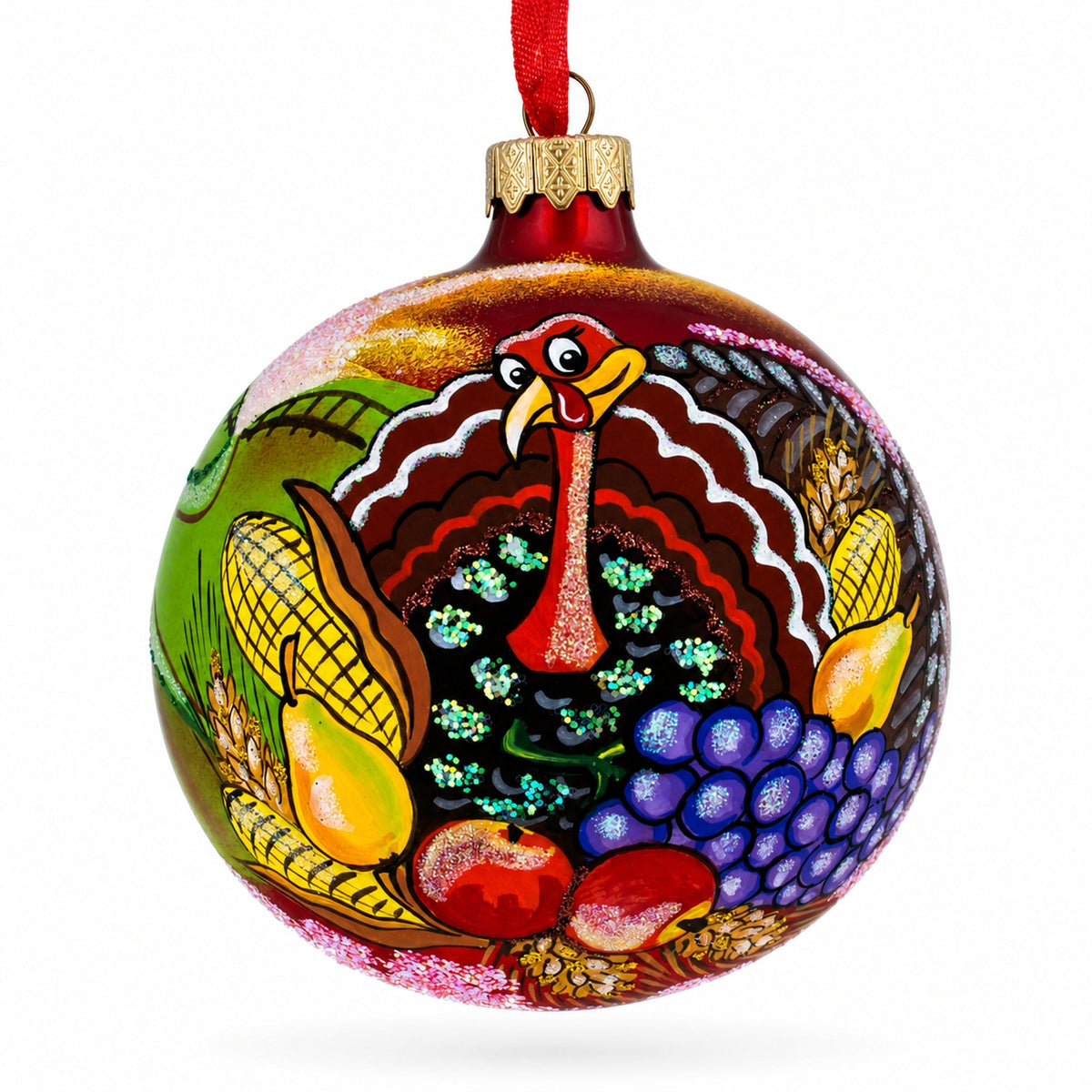 Turkey on the Field Thanksgiving Glass Ball Christmas Ornaments 4 Inches