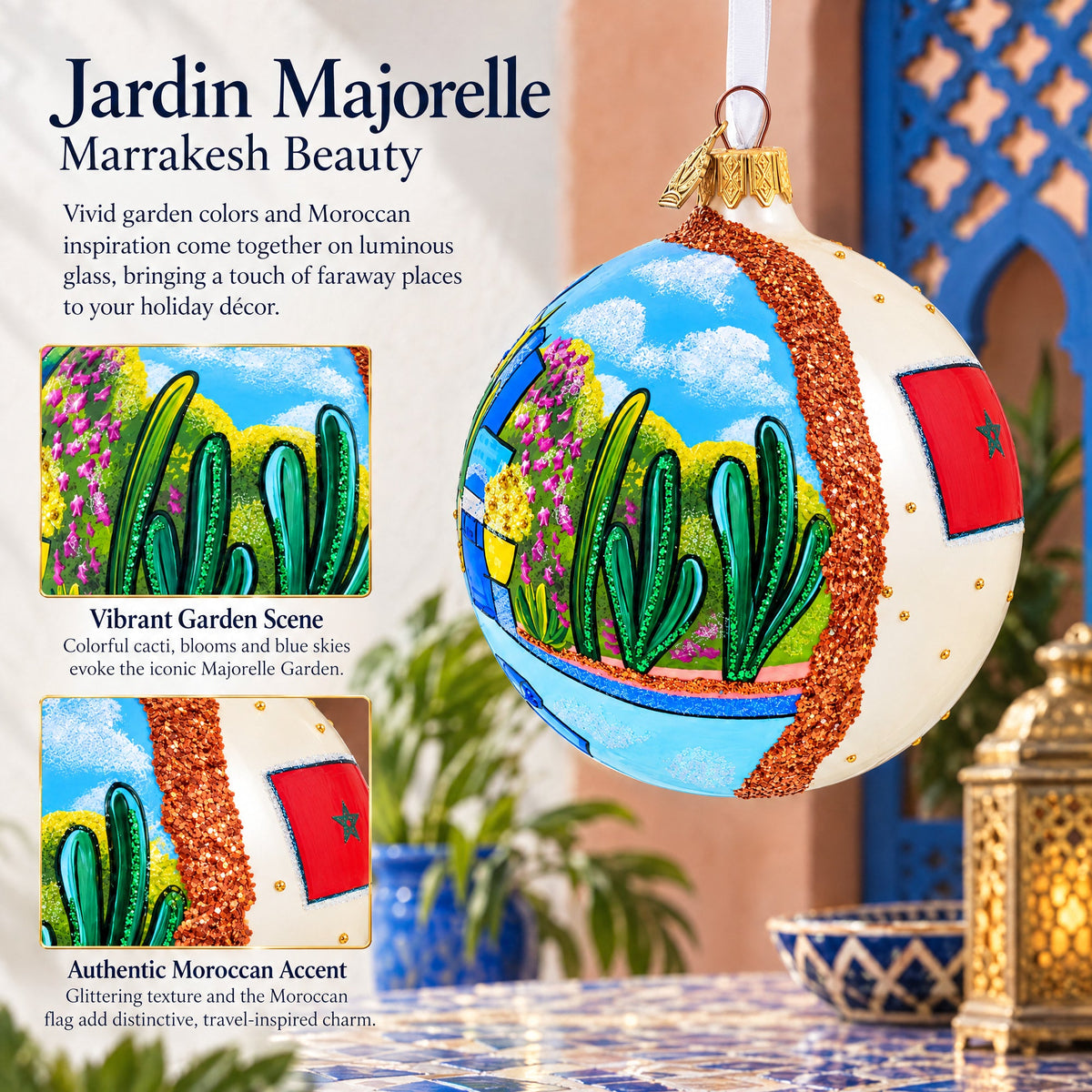 Jardin Majorelle, Marrakesh, Morocco Glass Ball Christmas Ornament 4 Inches