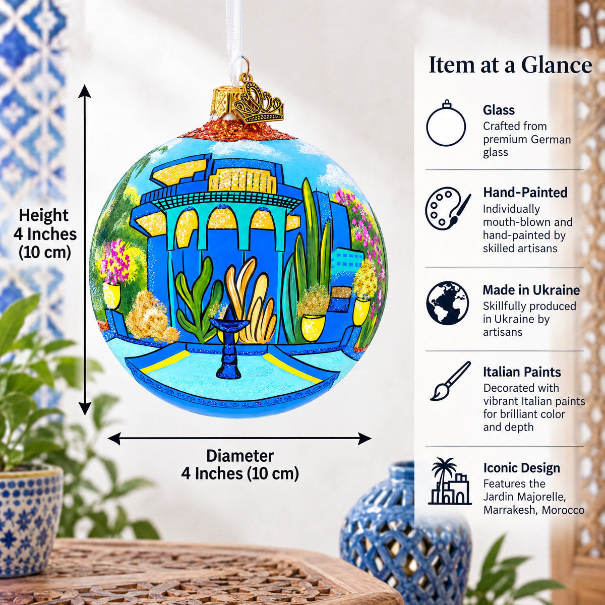 Jardin Majorelle, Marrakesh, Morocco Glass Ball Christmas Ornament 4 Inches