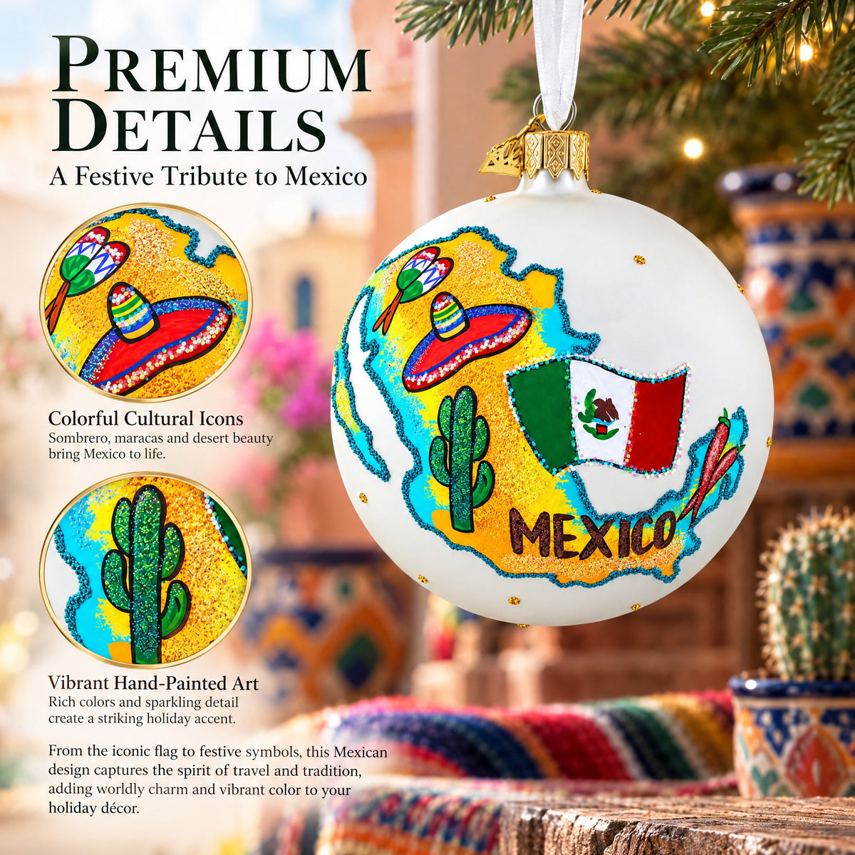 Travel to Mexico Glass Ball Christmas Ornament 4 Inches