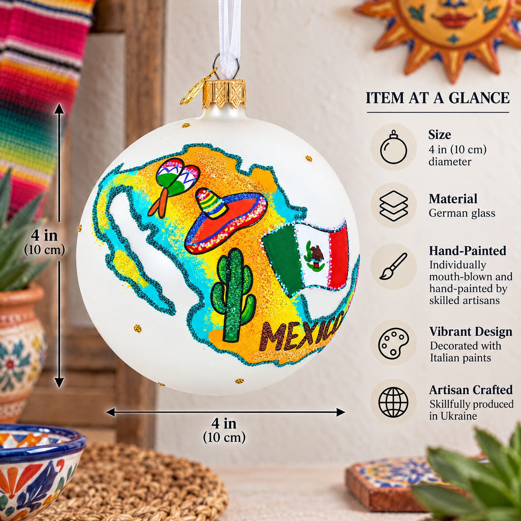 Travel to Mexico Glass Ball Christmas Ornament 4 Inches