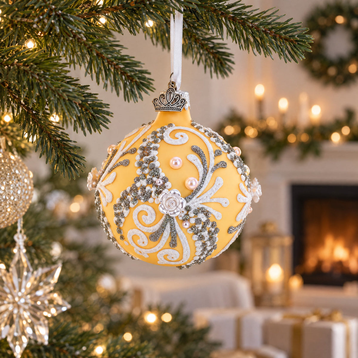 Snow Swirls on Ivory Glass Ball Christmas Ornament 3.25 Inches