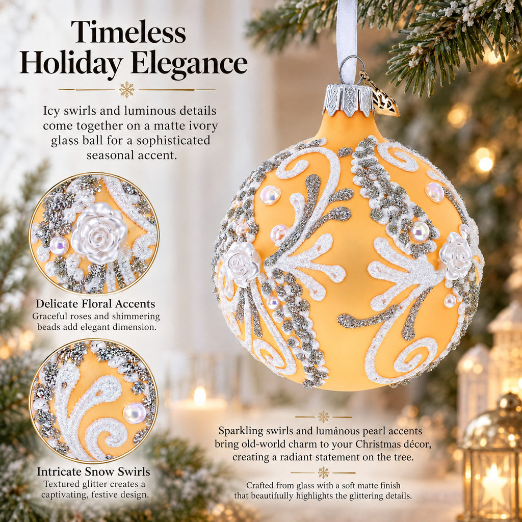 Snow Swirls on Ivory Glass Ball Christmas Ornament 3.25 Inches