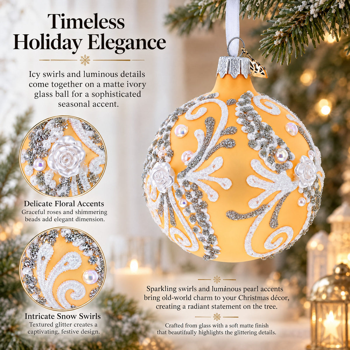 Snow Swirls on Ivory Glass Ball Christmas Ornament 3.25 Inches