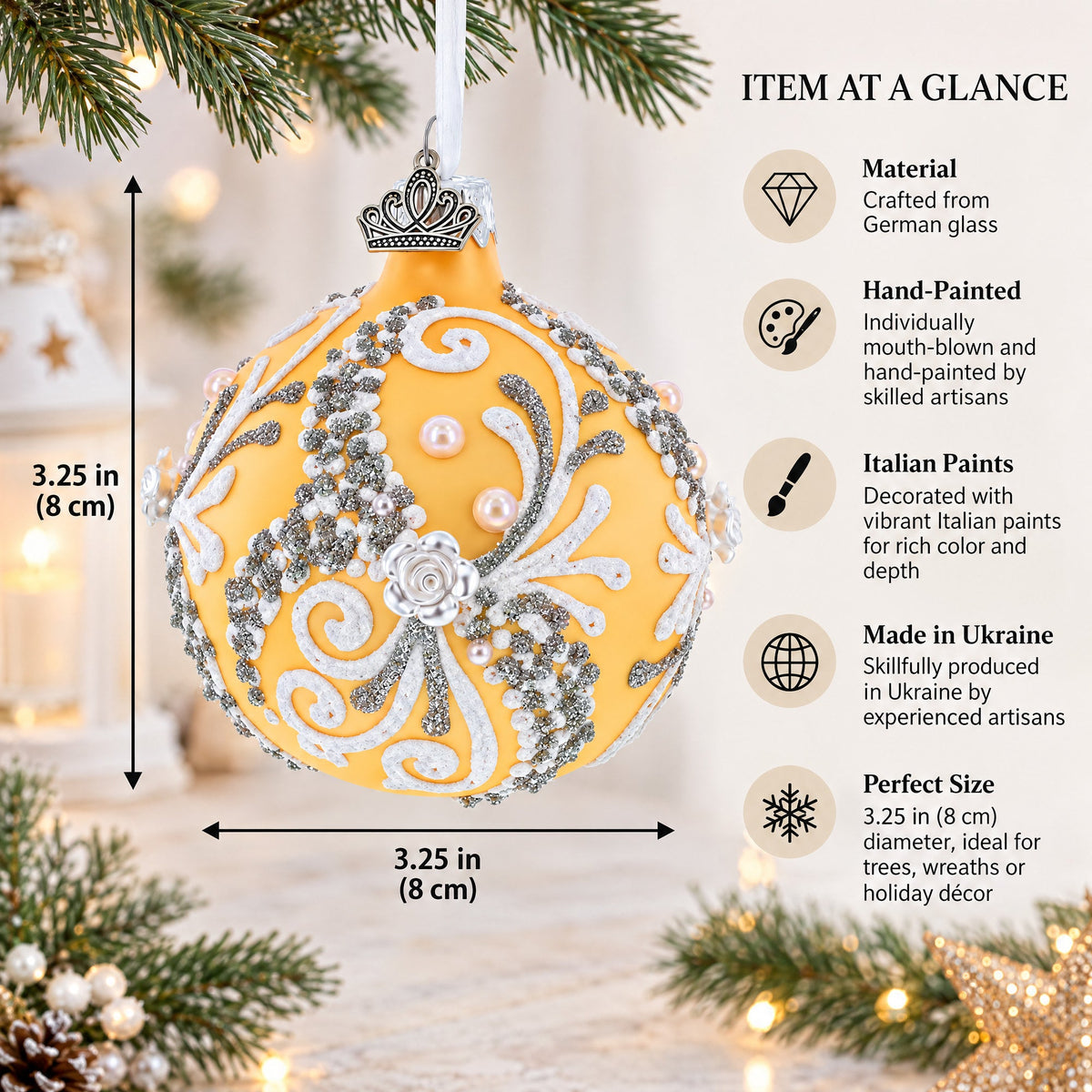 Snow Swirls on Ivory Glass Ball Christmas Ornament 3.25 Inches