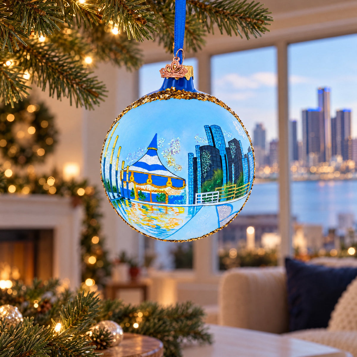 Detroit Riverfront, Detroit, Michigan Glass Ball Christmas Ornament 4 Inches