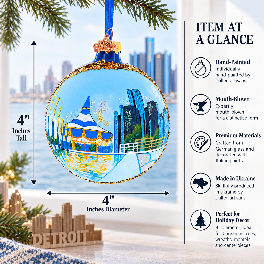 Detroit Riverfront, Detroit, Michigan Glass Ball Christmas Ornament 4 Inches
