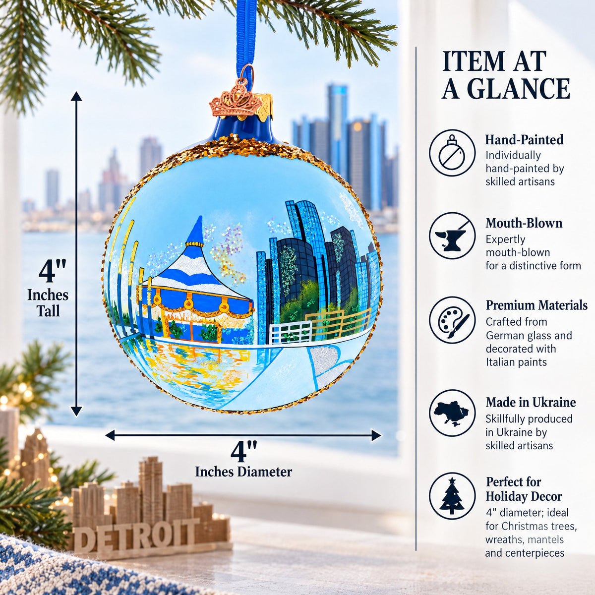 Detroit Riverfront, Detroit, Michigan Glass Ball Christmas Ornament 4 Inches