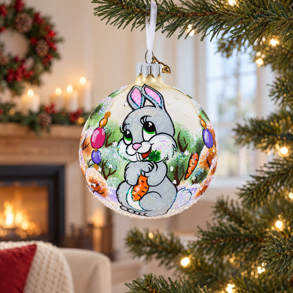 Glitter Bunny with Carrot Glass Ball Ornament 4 Inches