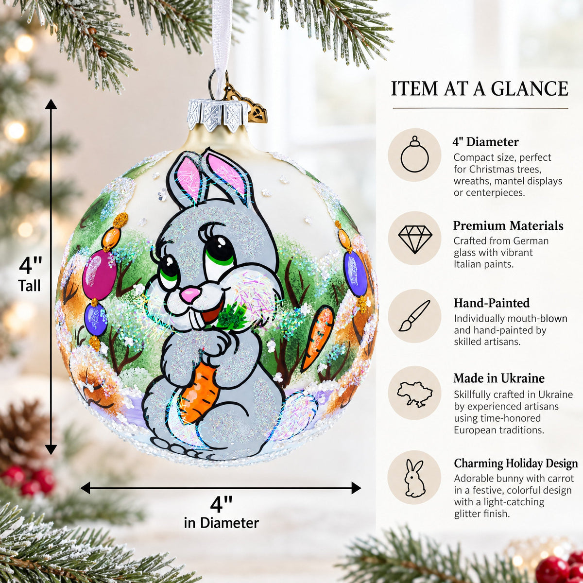 Glitter Bunny with Carrot Glass Ball Ornament 4 Inches