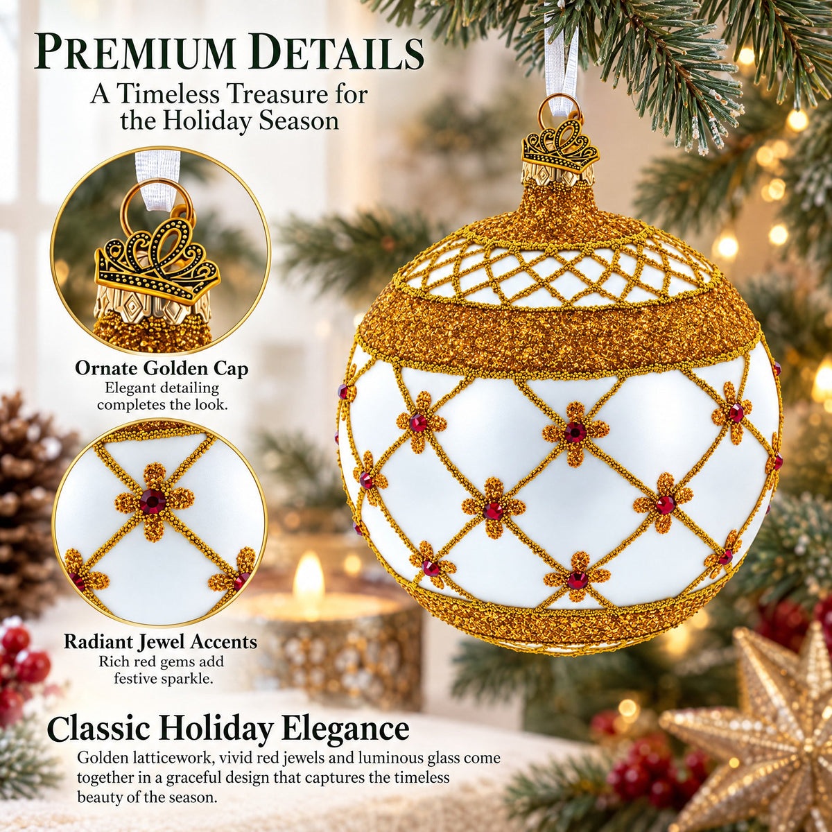 Red Jewels Silver Glass Ball Christmas Ornament