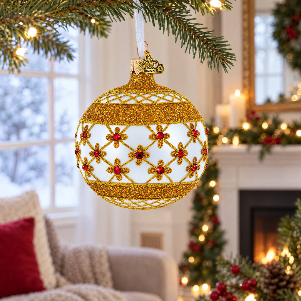 Red Jewels on Silver Glass Ball Christmas Ornament