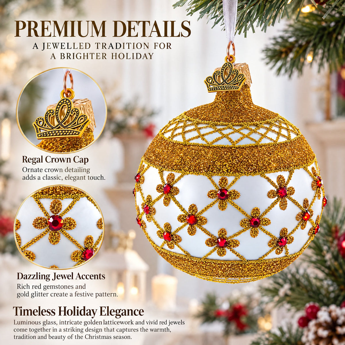 Red Jewels on Silver Glass Ball Christmas Ornament