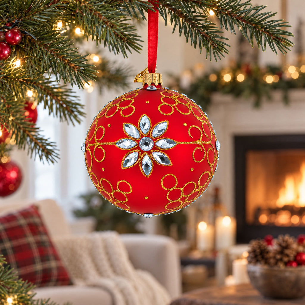White Jewels on Red Glass Ball Christmas Ornament
