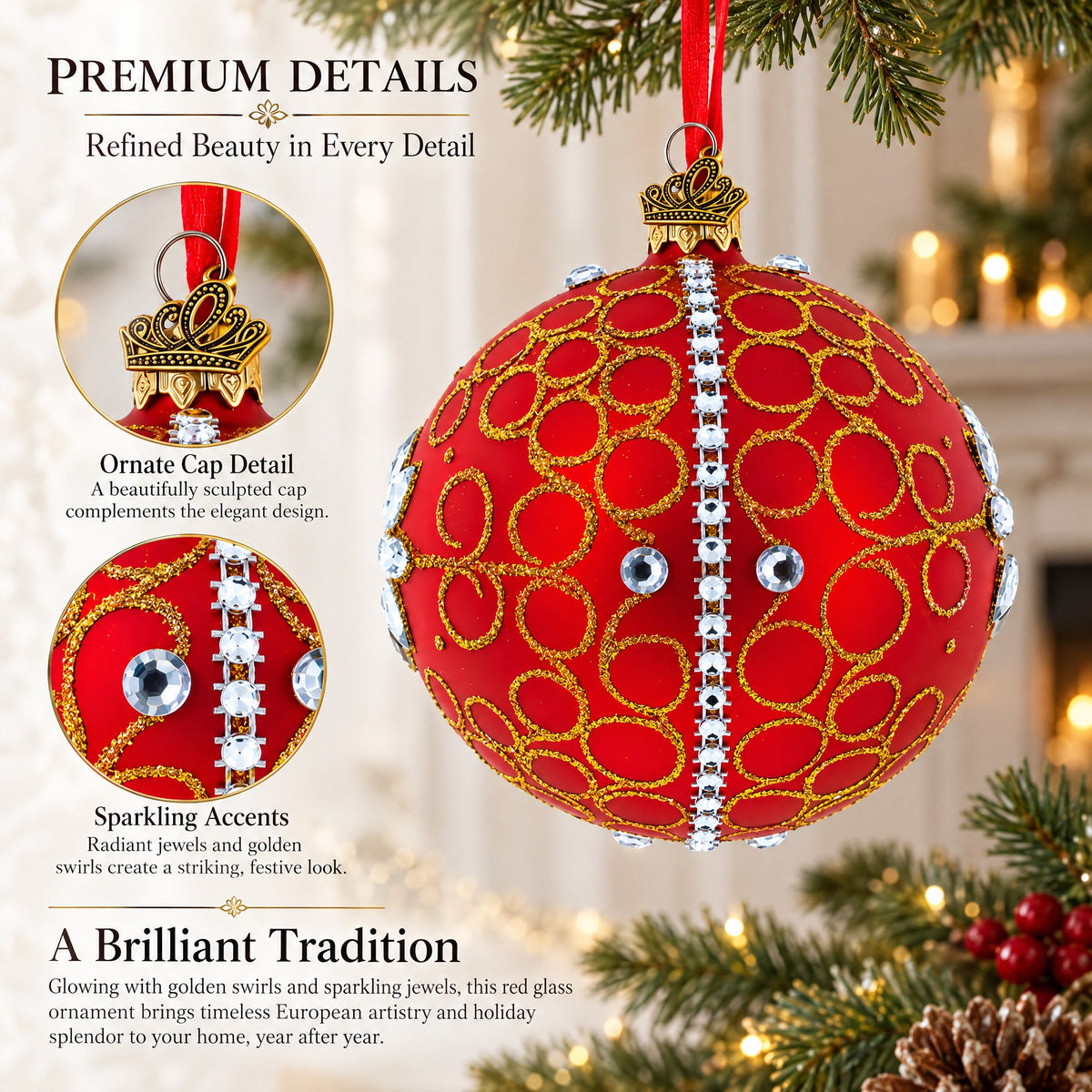 White Jewels on Red Glass Ball Christmas Ornament
