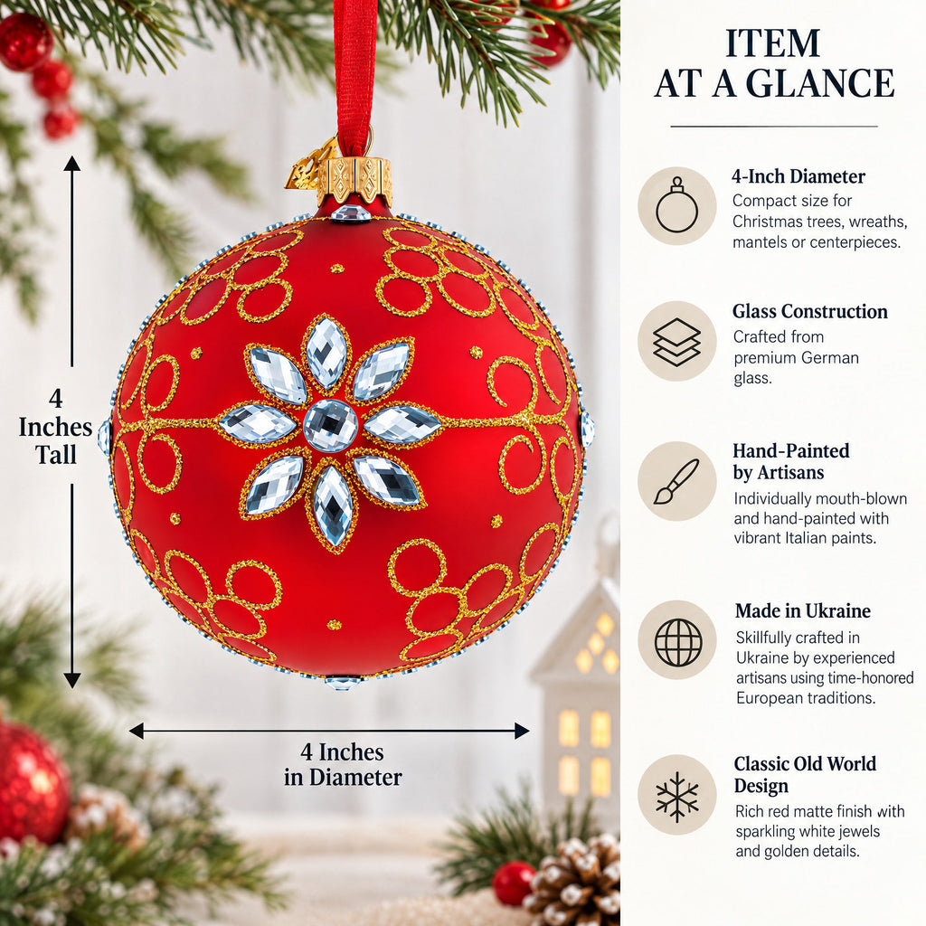 White Jewels on Red Glass Ball Christmas Ornament