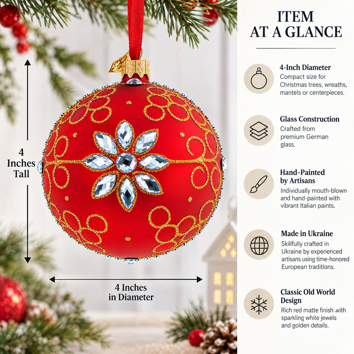 White Jewels on Red Glass Ball Christmas Ornament