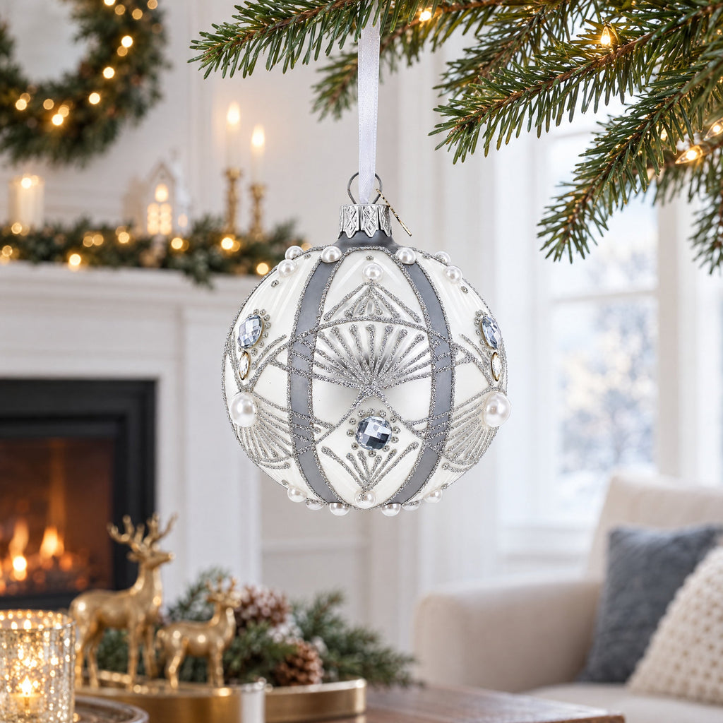 White Jewels on Silver Glass Ball Christmas Ornament
