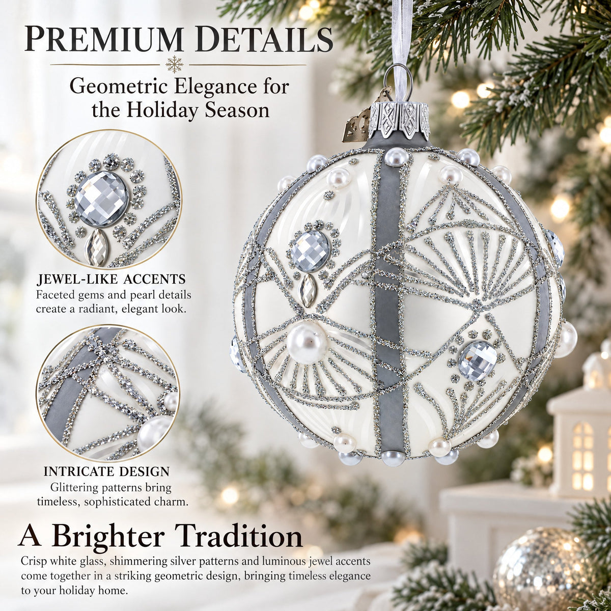 White Jewels on Silver Glass Ball Christmas Ornament