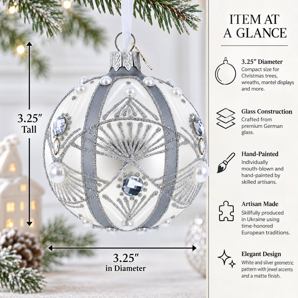 White Jewels on Silver Glass Ball Christmas Ornament