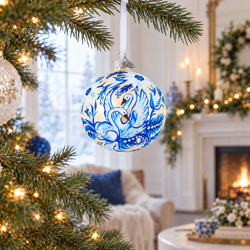 Swans in Daisies Garden Glass Ball Ornament