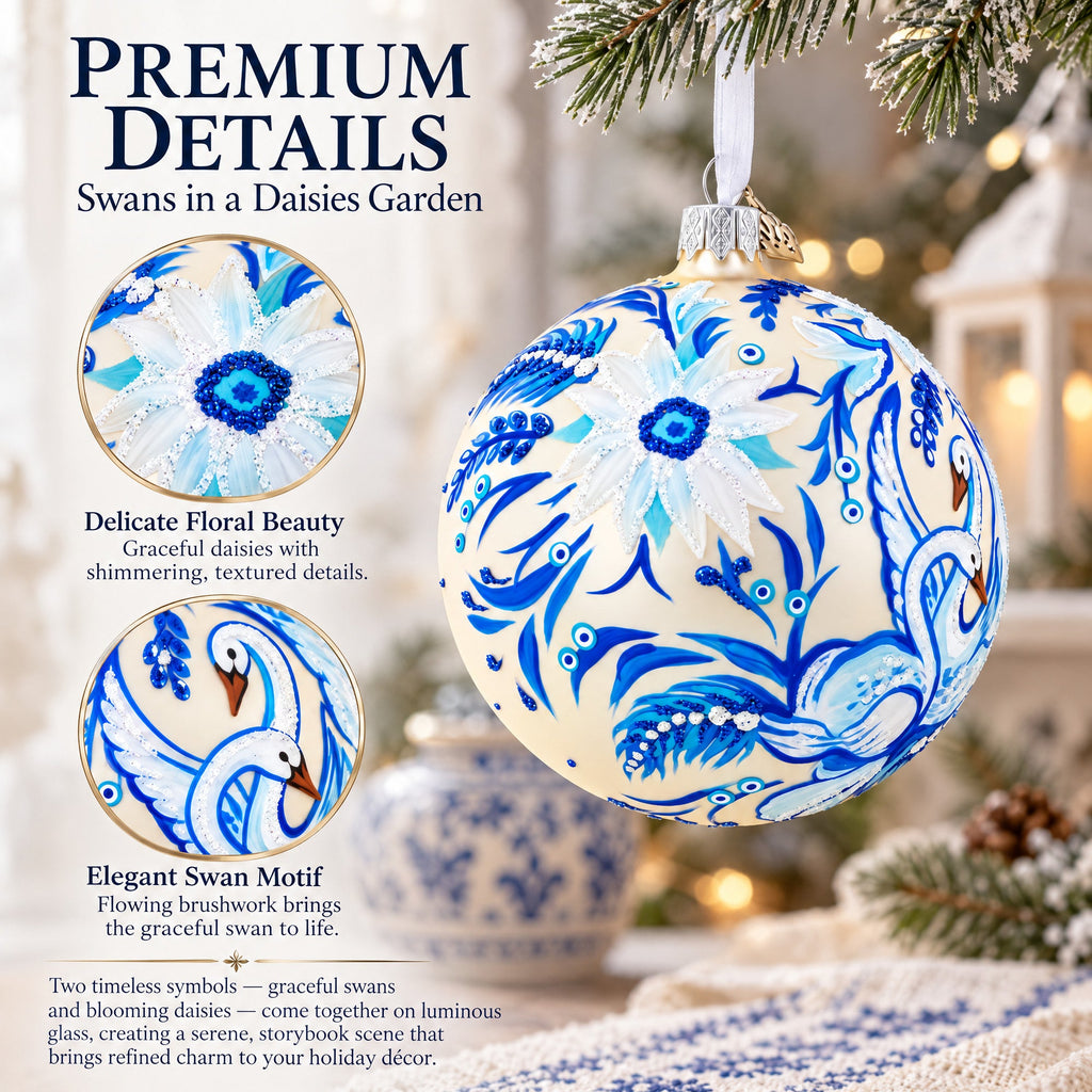 Swans in Daisies Garden Glass Ball Ornament