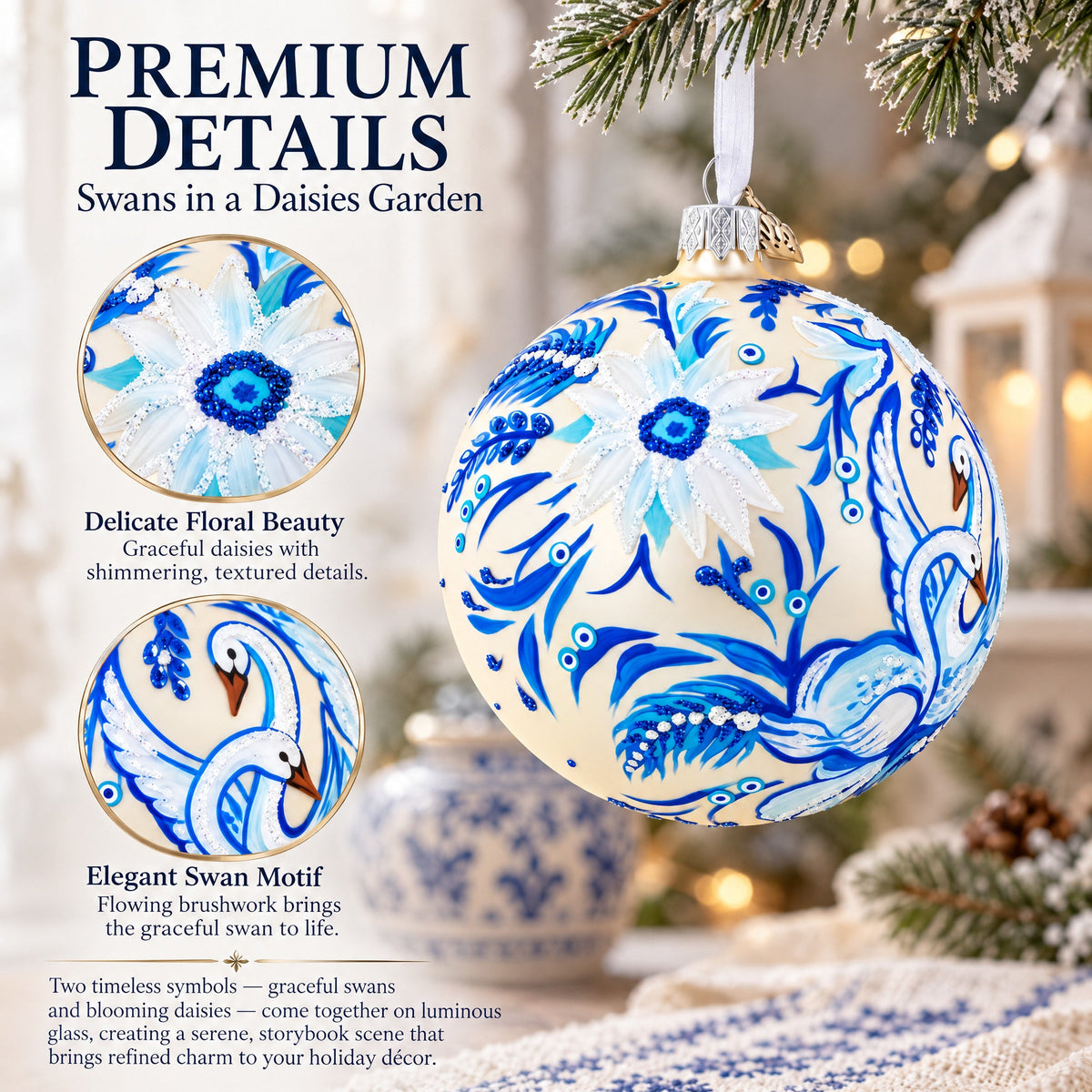 Swans in Daisies Garden Glass Ball Ornament