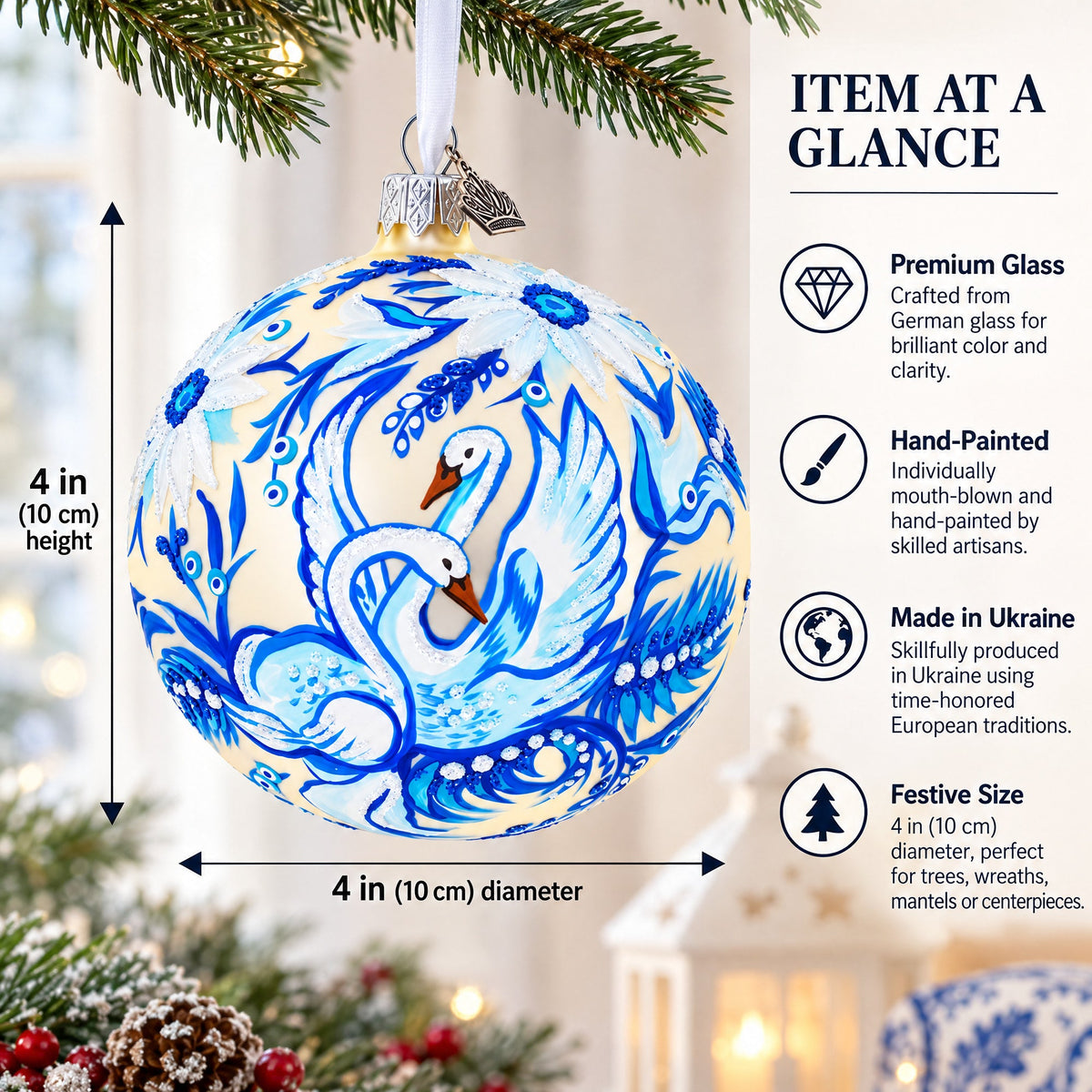 Swans in Daisies Garden Glass Ball Ornament