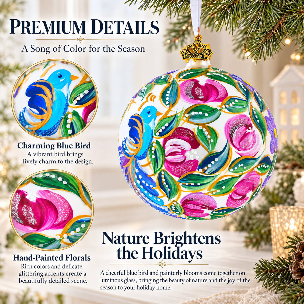 Blue Bird on White Glass Ball Christmas Ornament 4 Inches
