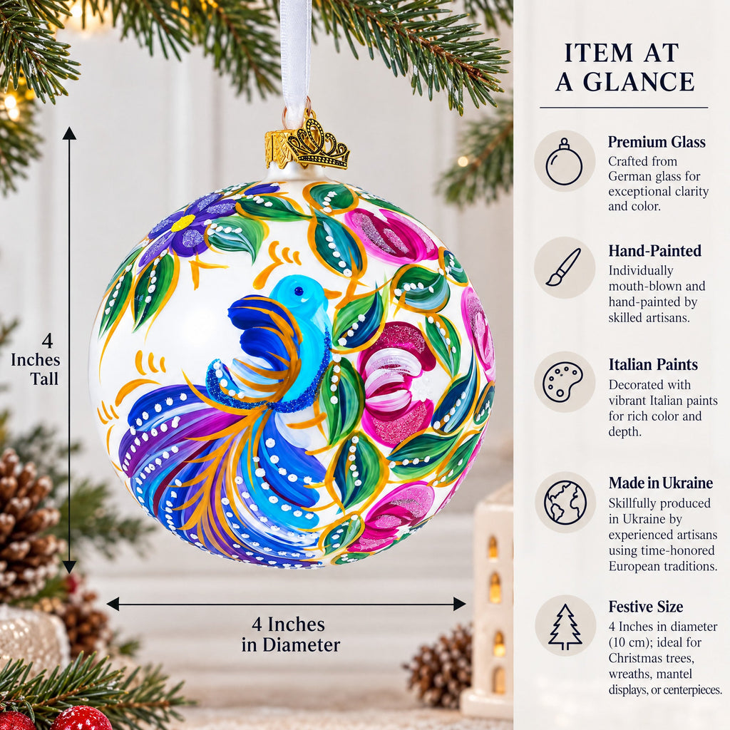 Blue Bird on White Glass Ball Christmas Ornament 4 Inches